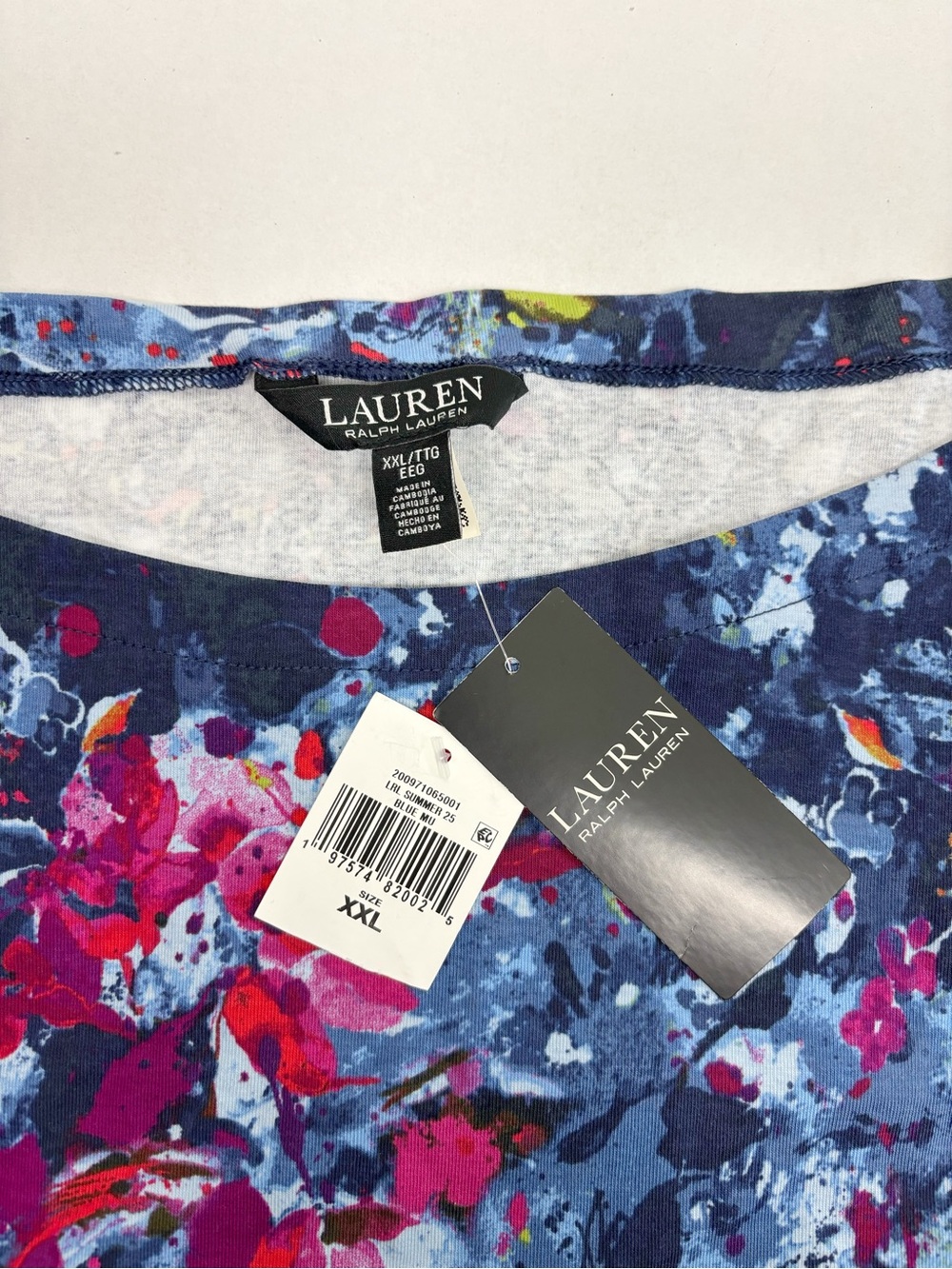 Lauren Ralph Lauren Women's Print Stretch Cotton Boatneck Tee Top Blue Multi XXL - Picture 4 of 7